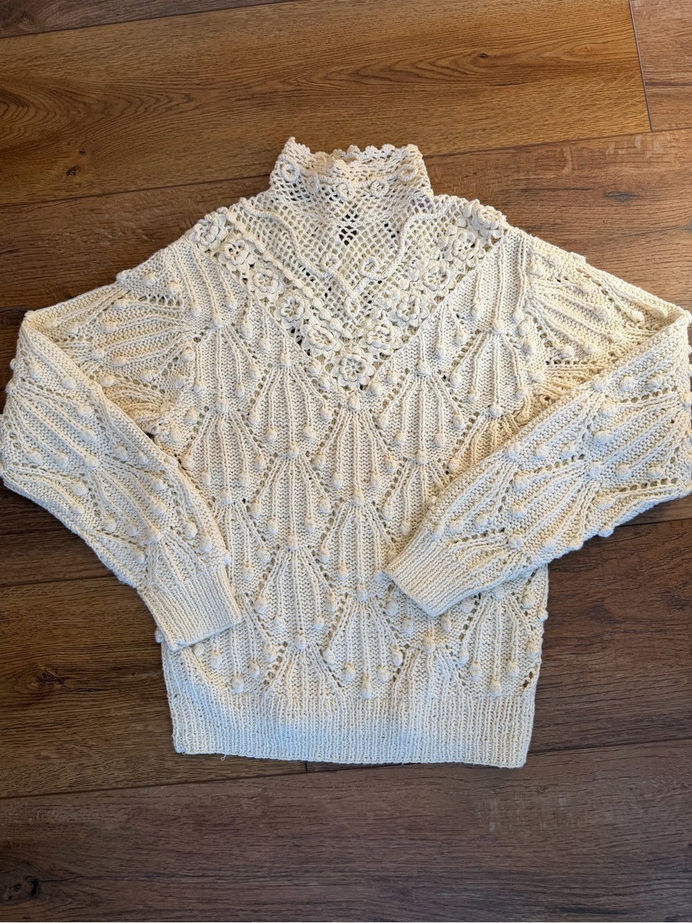 Dividends Ivory Crochet Turtleneck Sweater - Romantic and Feminine Button Collar